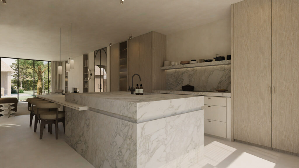 Detail van een moderne keuken met een marmeren aanrechtblad, zwarte kraan, houten kastfronten, en stijlvolle minimalistische decoratie.